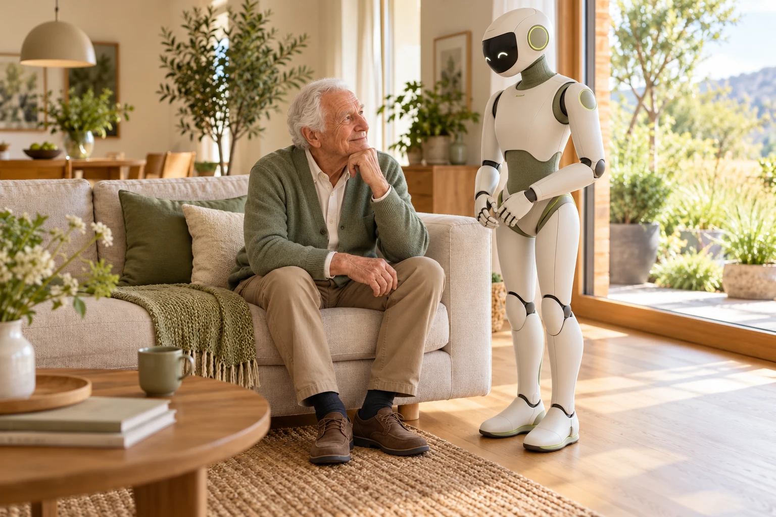 Zukunftsvisualisierung eines älteren Mannes zu Hause neben einem humanoiden Haushalts- und Assistenzroboter